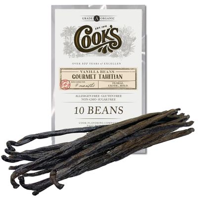Cooks, Tahitian Organic Vanilla Beans, Grade A, Worlds Finest Gourmet Fresh Premium Vanilla, Certified Organic by CCOF, 10 Whole Beans