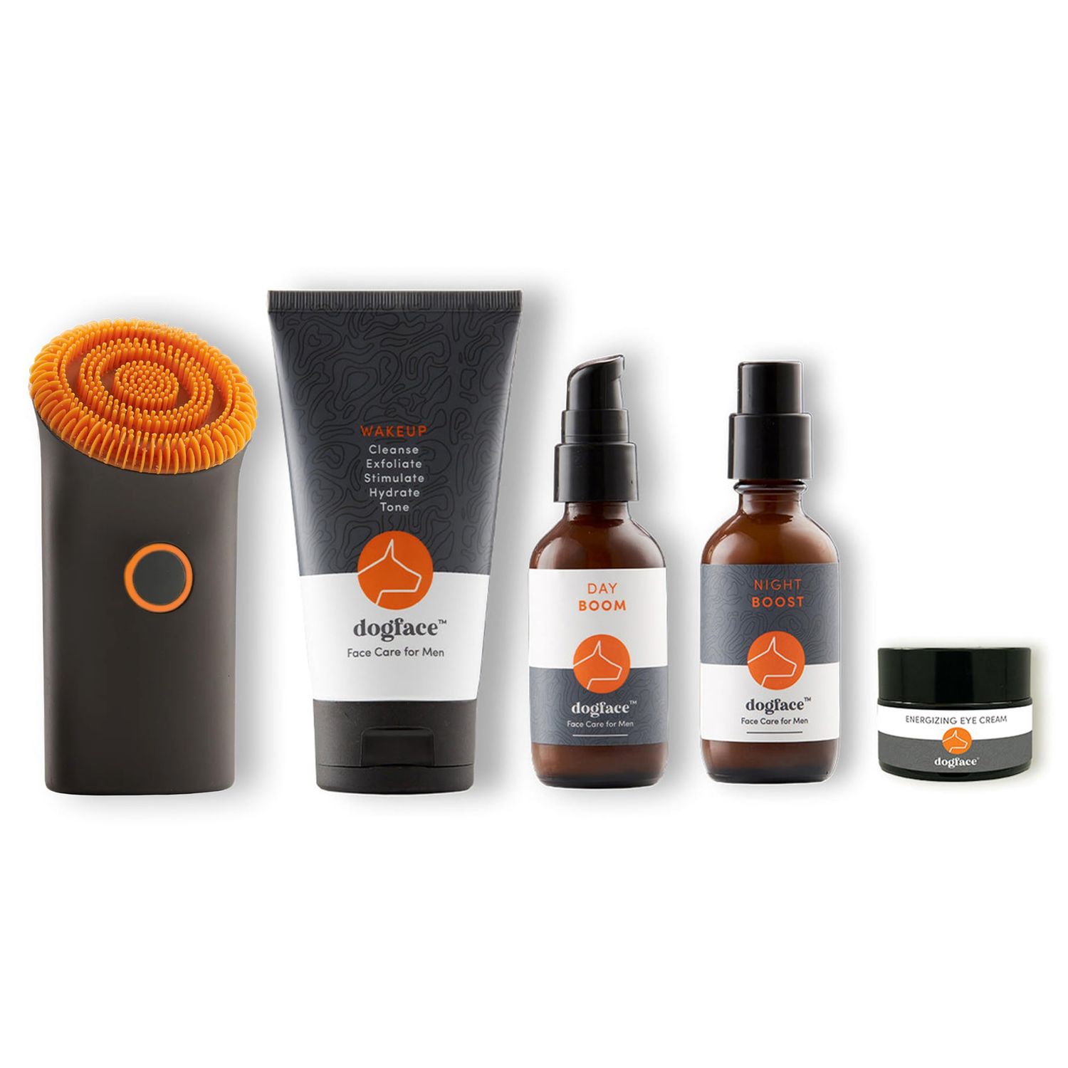 Dogface Men&#39;s Skincare Set- Technobrush, Electric Facial Brush, Wakeup Gel Face Wash to Hydrate Skin, Day Boom, Night Boost Retinol Serum, Eye Cream
