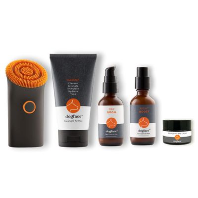 Dogface Men&#39;s Skincare Set- Technobrush, Electric Facial Brush, Wakeup Gel Face Wash to Hydrate Skin, Day Boom, Night Boost Retinol Serum, Eye Cream