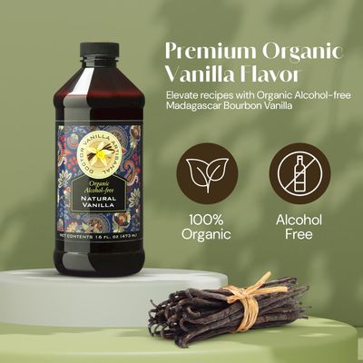 Organic Alcohol-Free Natural Vanilla Extract for Baking, Sweet Drinks and More, Handcrafted from Madagascar Bourbon Vanilla Pods, Halal Certified, 16 Oz Bottle