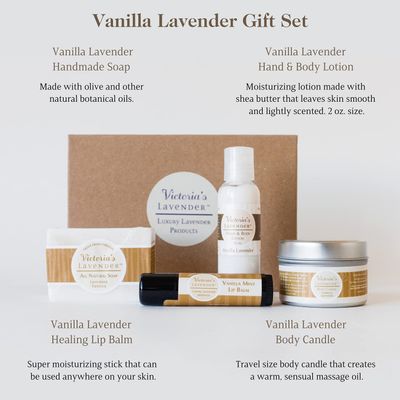 Victoria's Lavender Natural Body Products Gift Set - Handmade Soap, Lotion, Lip Balm, Body Candle Skin Care Sets & Kits, Made in the USA Lavender Bath Products for Women, Vanilla Lavender