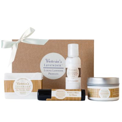 Victoria&#39;s Lavender Natural Body Products Gift Set - Handmade Soap, Lotion, Lip Balm, Body Candle Skin Care Sets &amp; Kits, Made in the USA Lavender Bath Products for Women, Vanilla Lavender