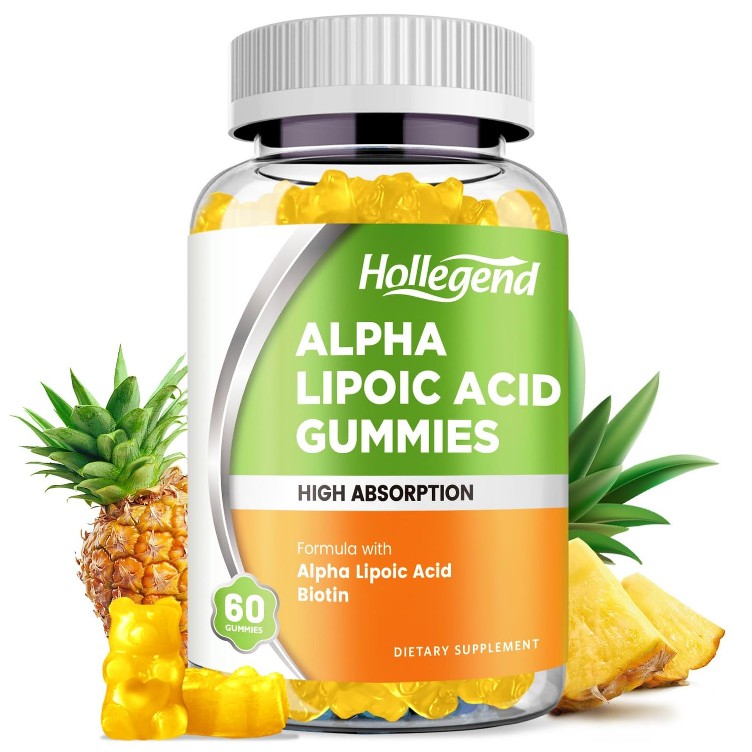 HOLLEGEND Alpha Lipoic Acid Gummies 1000Mg with Biotin, High Absorption Chewable ALA Supplement for Antioxidant, Brain Health and Nerve Support, Pineapple Flavor, Sugar Free, 60 Chews