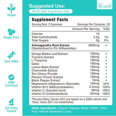Vazatisi 2 Pack Ashwagandha Gummies with Turmeric GABA Mood Energy and Immune Support, Strawberry Flavor 120 Cts