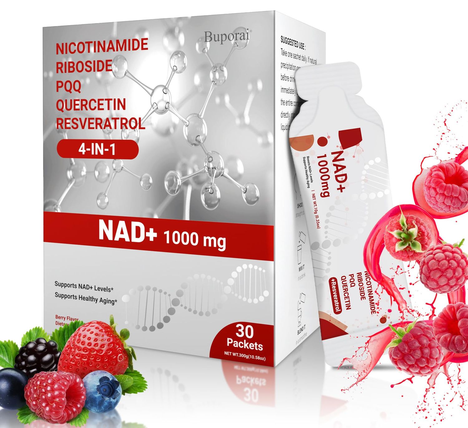 NAD Supplement 1000mg Pure Organic - NAD Supplements for Women &amp; Men with Nicotinamide Riboside, Resveratrol, PQQ, Quercetin - NMN Supplement Alternative for Anti-Aging, Energy-30 Packets