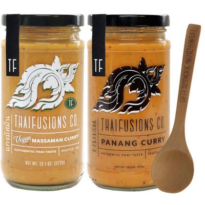 Thaifusions Curry Sauce Gift Set Panang &amp; Vegan Massaman Sauces with Tasting Spoon Bundle by Gifts from the Pacific Northwest