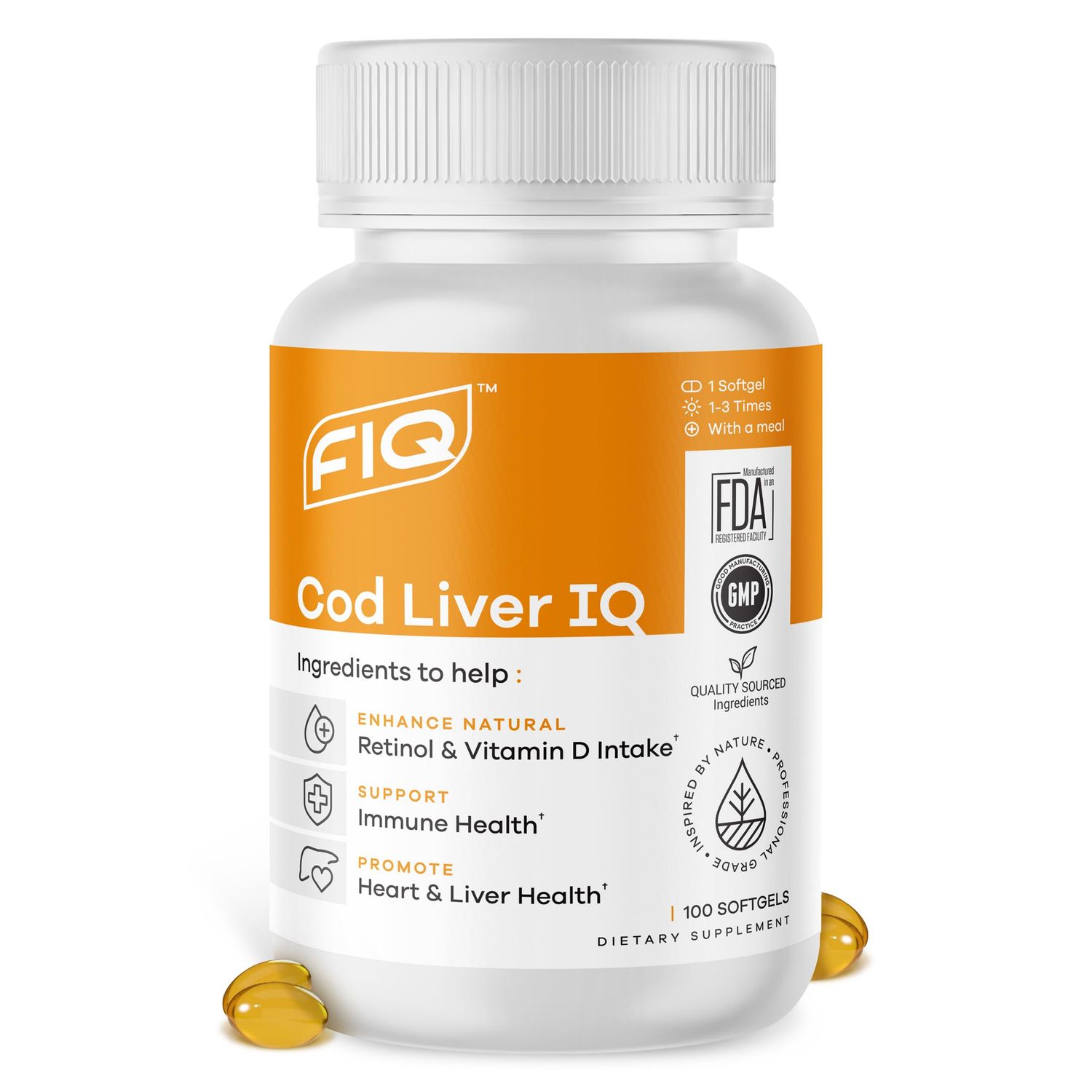 FIQ - Cod Liver IQ - Cod Liver Oil Softgels - Natural Source of Vitamins A &amp; D and Omega-3 Fatty Acids - Heart, Liver &amp; Immune Health - 100 Softgels