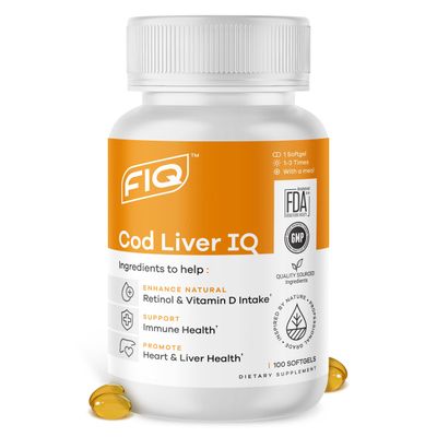FIQ - Cod Liver IQ - Cod Liver Oil Softgels - Natural Source of Vitamins A &amp; D and Omega-3 Fatty Acids - Heart, Liver &amp; Immune Health - 100 Softgels