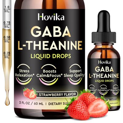 GABA L-Theanine Drops - Liquid GABA L-Theanine Supplement with L-Theanine, Ashwagandha, Magnesium Glycinate, Vitamin C, B6 - Support Sleep, Relaxation, Calm Mood &amp; Focus - Strawberry Flavor, 2 Fl Oz