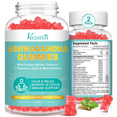 Vazatisi 2 Pack Ashwagandha Gummies with Turmeric GABA Mood Energy and Immune Support, Strawberry Flavor 120 Cts