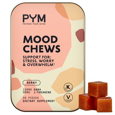 PYM Berry Mood Chews Support for Stress, Worry &amp; Overwhelm, 20 Count 130mg GABA, 90mg L-Theanine Vegan, Non-GMO, Gluten-Free, No Added Sugar All-Natural Mood Balance Supplement Made in USA