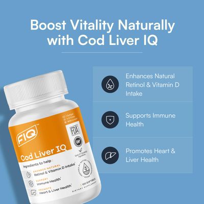 FIQ - Cod Liver IQ - Cod Liver Oil Softgels - Natural Source of Vitamins A & D and Omega-3 Fatty Acids - Heart, Liver & Immune Health - 100 Softgels