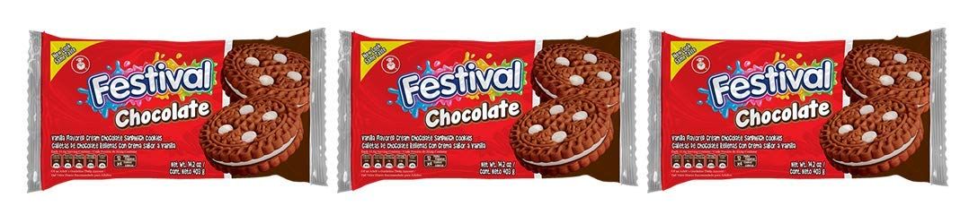 FESTIVAL Chocolate Cookies, Cream Chocolate Sandwich Cookies, Natural Dyes &amp; Low Sodium, High Cream Content, 14.6 Oz Pack of 3