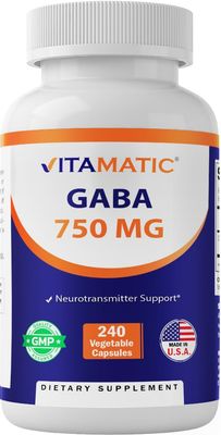Vitamatic GABA Gamma Aminobutyric Acid 750mg, 240 Vegetable Capsules, 240 Servings - Non-GMO, Gluten Free