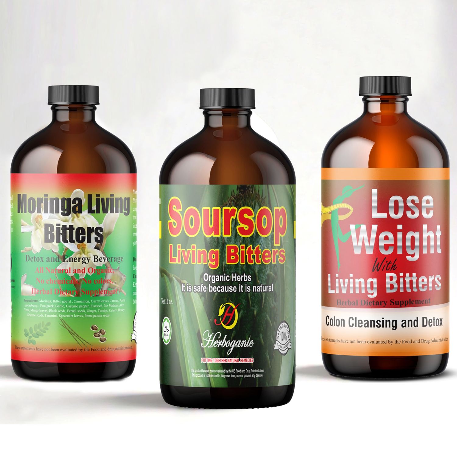 HERBOGANIC Soursop, Moringa &amp; Detox Living Bitter Pack of 3, 16oz Each - Natural Blend of different ingredients to Support overall health and wellness.