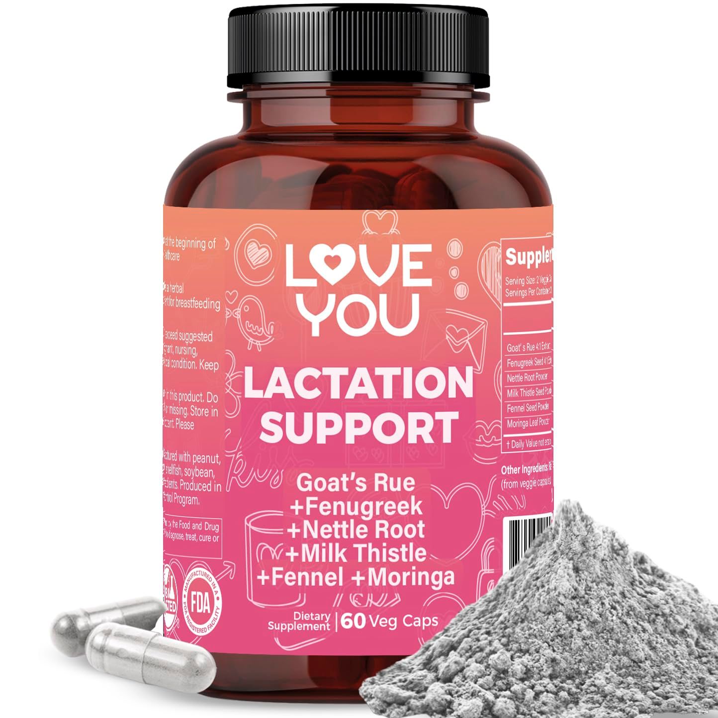 Love You Lactation Support for Breastfeeding Moms - Herbal Milk Booster with Fenugreek, Moringa &amp; Goats Rue - 2000 mg per Serving - Vegan Postnatal Supplement for Milk Flow &amp; Energy - 60 Capsules