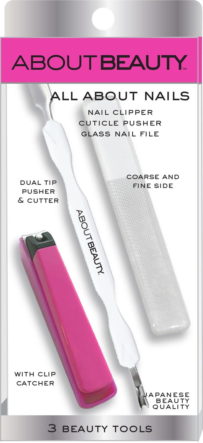 About Beauty All About Nails - 3 Japanese Beauty Tools, Includes Nail Clipper with Clip Catcher, Dual Tip Cuticle Pusher &amp; Cutter, &amp; Glass Nail File with Coarse and Fine Side