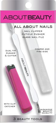 About Beauty All About Nails - 3 Japanese Beauty Tools, Includes Nail Clipper with Clip Catcher, Dual Tip Cuticle Pusher &amp; Cutter, &amp; Glass Nail File with Coarse and Fine Side