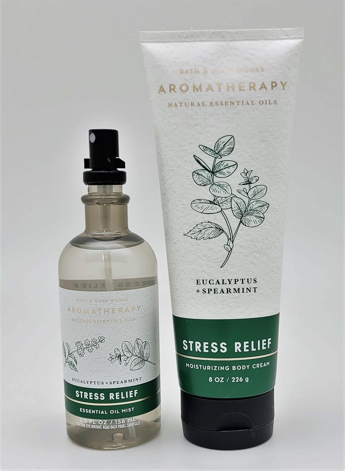 Bath &amp; Body Works - Aromatherapy - Eucalyptus Spearmint - Stress Relief - 2 pc Bundle - Essential Oil Mist- 5.3 fl oz - &amp; Body Cream - 8 oz
