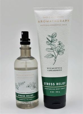 Bath &amp; Body Works - Aromatherapy - Eucalyptus Spearmint - Stress Relief - 2 pc Bundle - Essential Oil Mist- 5.3 fl oz - &amp; Body Cream - 8 oz