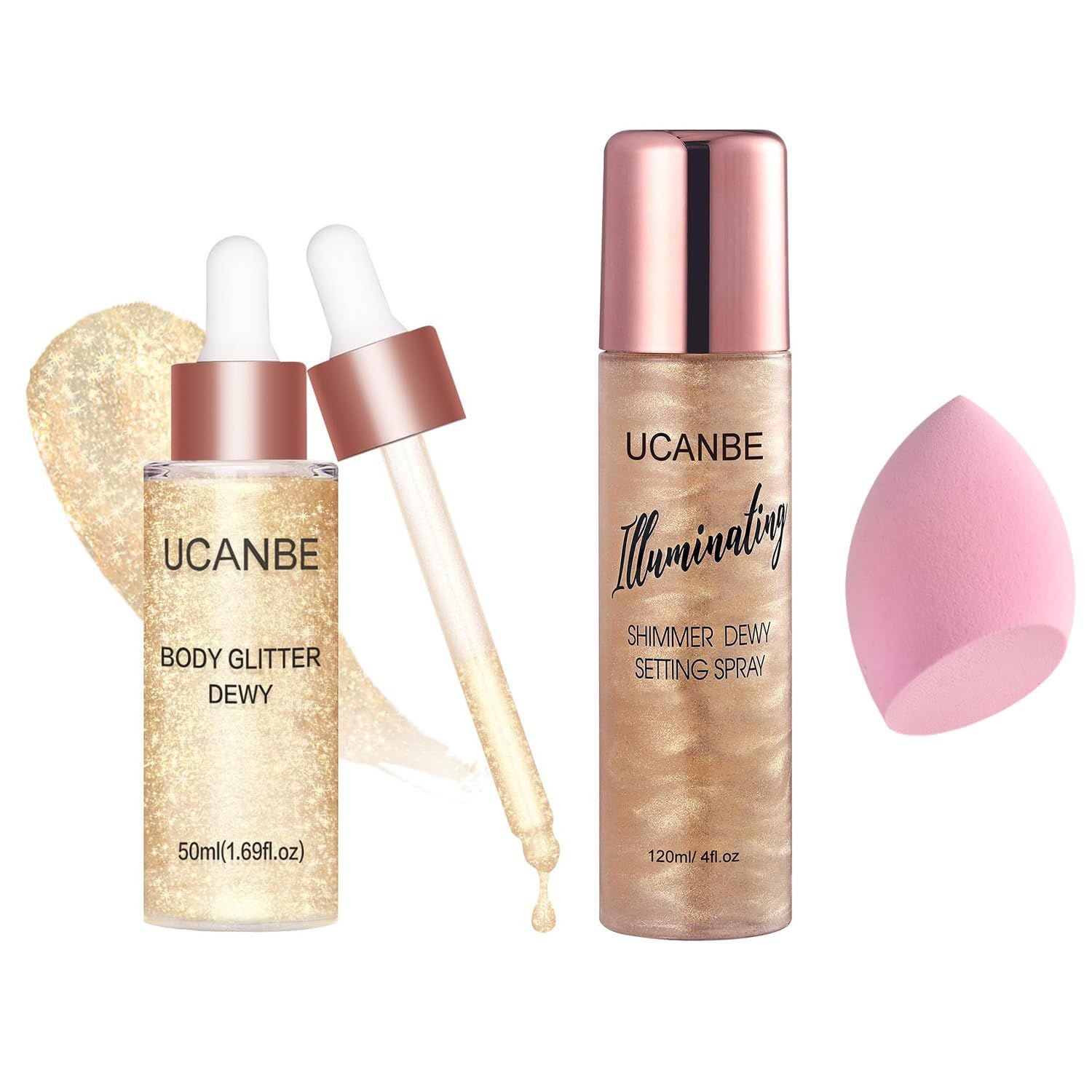 UCANBE 2 Pack Body Shimmer &amp; Setting Spray - Hydrating Glow Mist Face &amp; Body Highlighter Lotion - Holographic Shine for Skin &amp; Hair, 4 Fl Oz