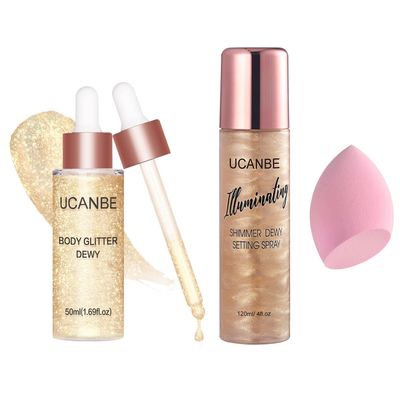 UCANBE 2 Pack Body Shimmer &amp; Setting Spray - Hydrating Glow Mist Face &amp; Body Highlighter Lotion - Holographic Shine for Skin &amp; Hair, 4 Fl Oz