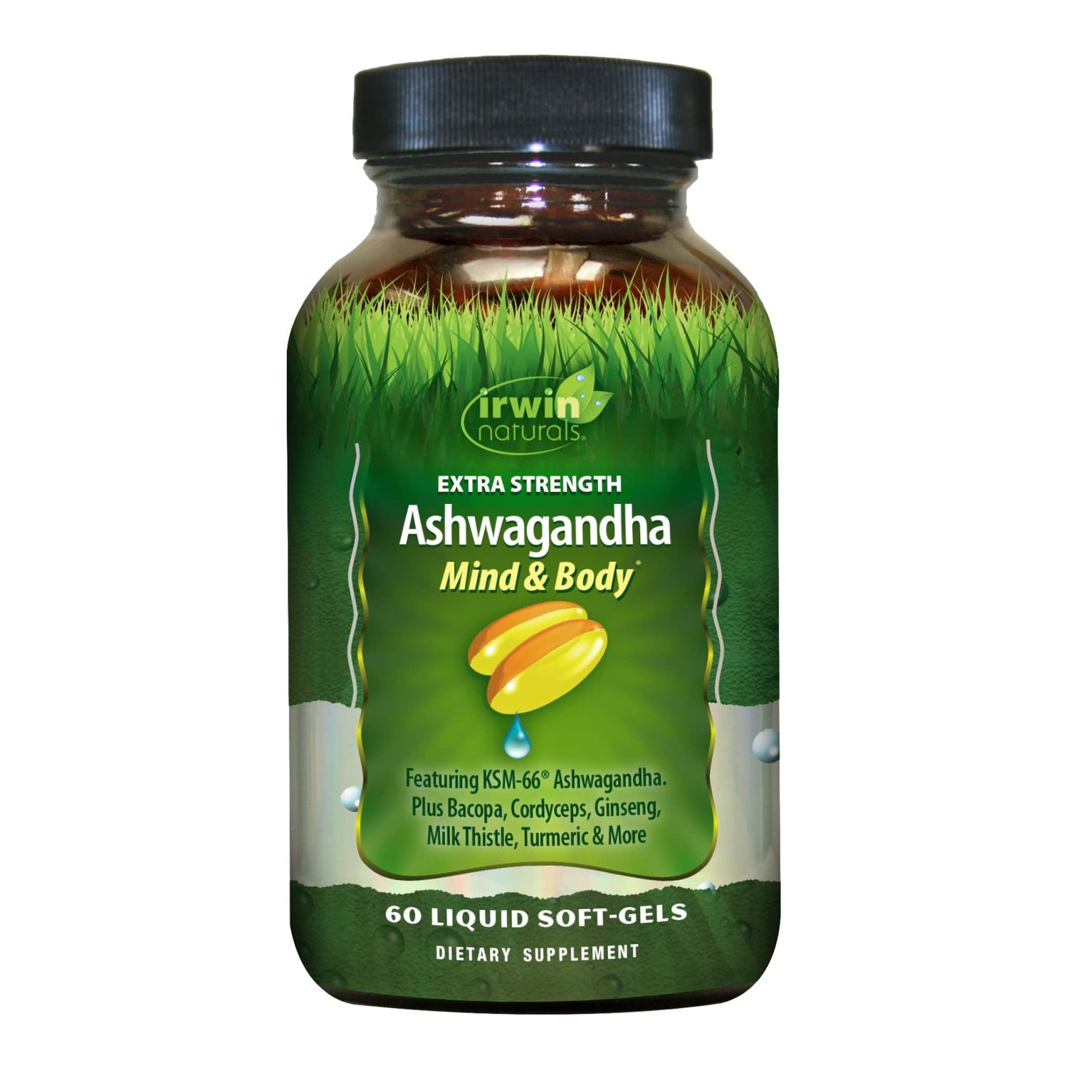 Irwin Naturals Extra Strength Ashwagandha Mind &amp; Body Adaptogenic Herbs Supports Stress Response, Mood, Mental &amp; Physical Performance with Cordyceps, Turmeric, BioPerine &amp; More - 60 Liquid Softgels