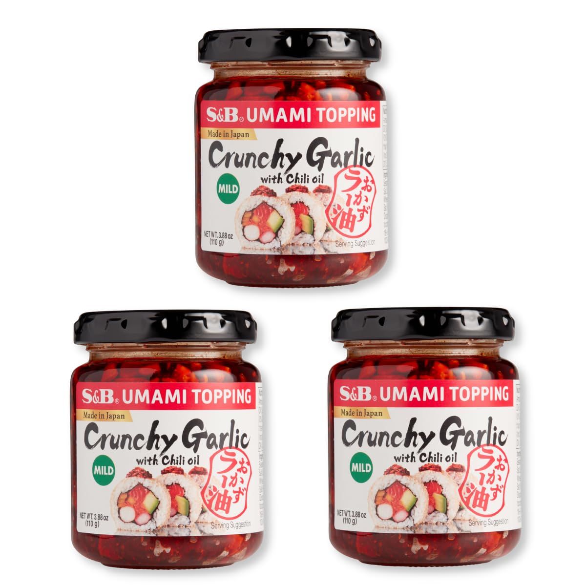 SB Japanese Chili Oil with Crunchy Garlic Topping Rayu, Spicy Crunch Garlic put them on everything, Food, Sushi, Umami Savory Sauce 3.9 Ounce Pack of 3
