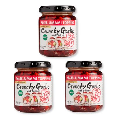 SB Japanese Chili Oil with Crunchy Garlic Topping Rayu, Spicy Crunch Garlic put them on everything, Food, Sushi, Umami Savory Sauce 3.9 Ounce Pack of 3