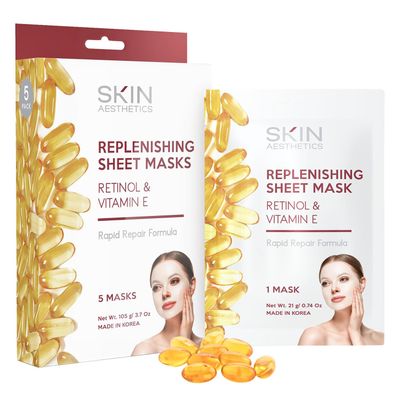Skin Aesthetics Retinol &amp; Vitamin E Sheet Face Mask - Repairs Skin, Diminishes Fine Lines &amp; Wrinkles, Anti-Aging - Dermatologist Tested Korean Skincare - Clean Beauty, Cruelty-Free - 5 Masks