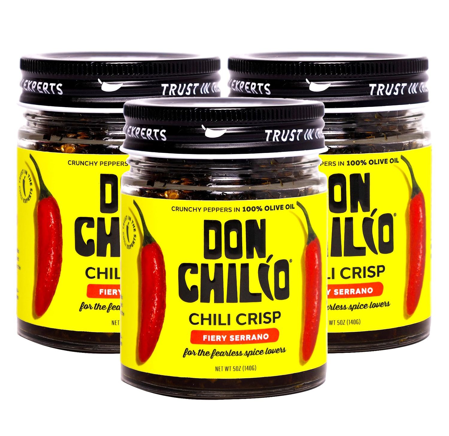 Don Chilio Medium Heat Serrano Mexican Chile Crisp, 5 oz, 3 Pack - Crunchy Sliced Serrano Fried Chili Peppers in Hot Seasoned 100 Olive Oil - Keto-Friendly, Vegan, Gluten Free