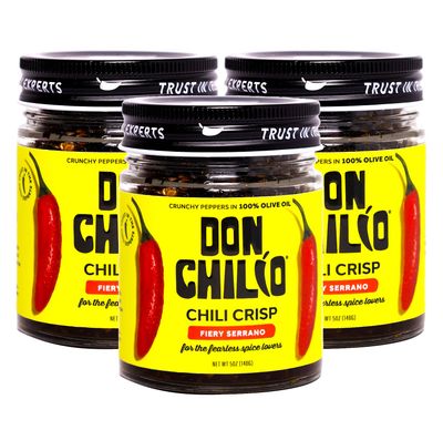 Don Chilio Medium Heat Serrano Mexican Chile Crisp, 5 oz, 3 Pack - Crunchy Sliced Serrano Fried Chili Peppers in Hot Seasoned 100 Olive Oil - Keto-Friendly, Vegan, Gluten Free
