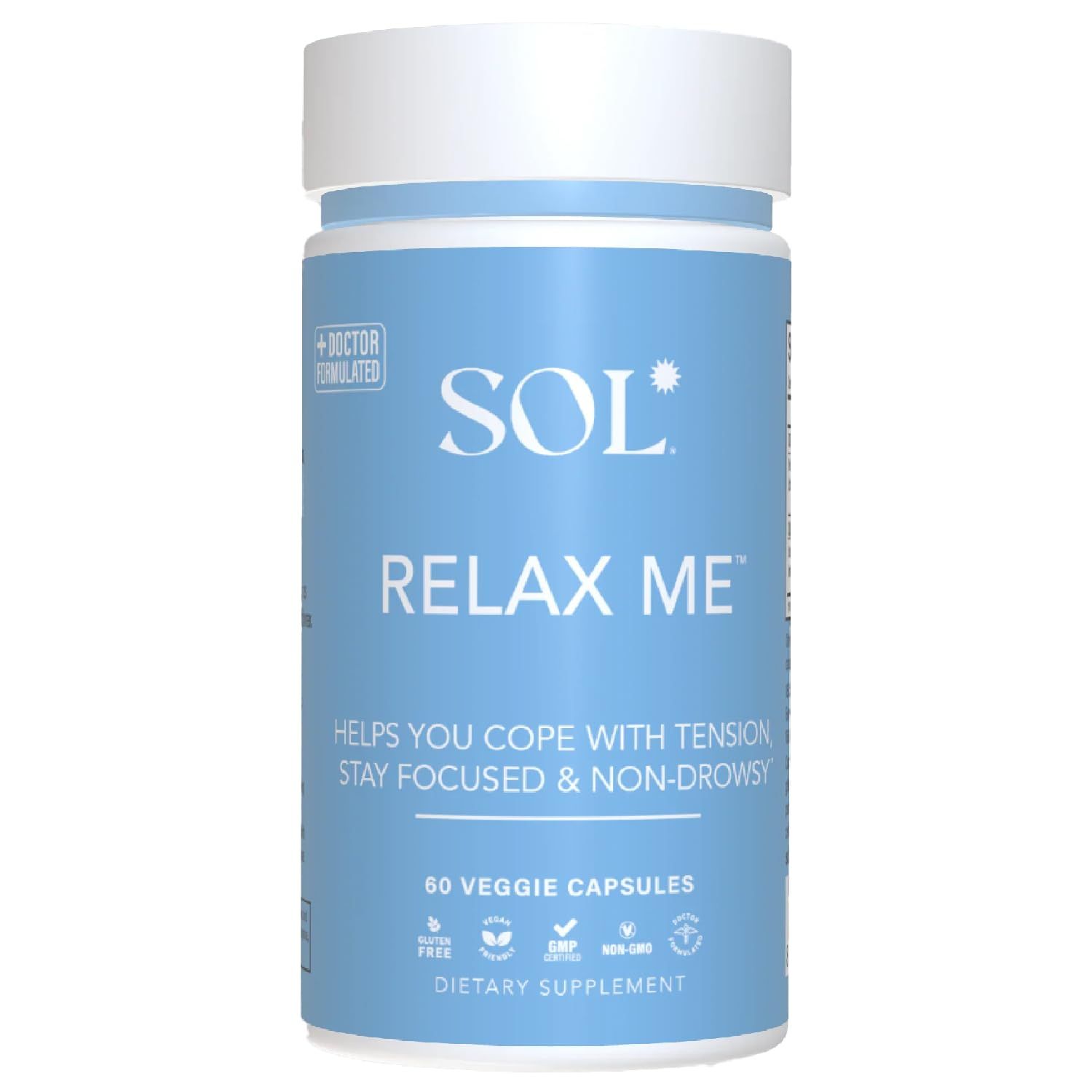 Sol Nutrition Relax Me - Natural Calming Relief for Stress, Tension, &amp; Worry - 15x More Effective - Support Mood, Relax The Mind &amp; Body - Supplements for Adults - Non-Drowsy - 60 Vegetarian Capsules