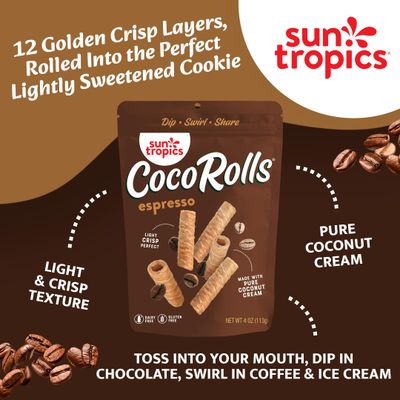 Sun Tropics CocoRolls Espresso Flavor- 6 count 4 oz each Crisp Rolled Wafer Cookies, Coconut Rolls Made With Pure Coconut Cream Gluten Free &amp; Dairy Free Coconut Wafer Snack