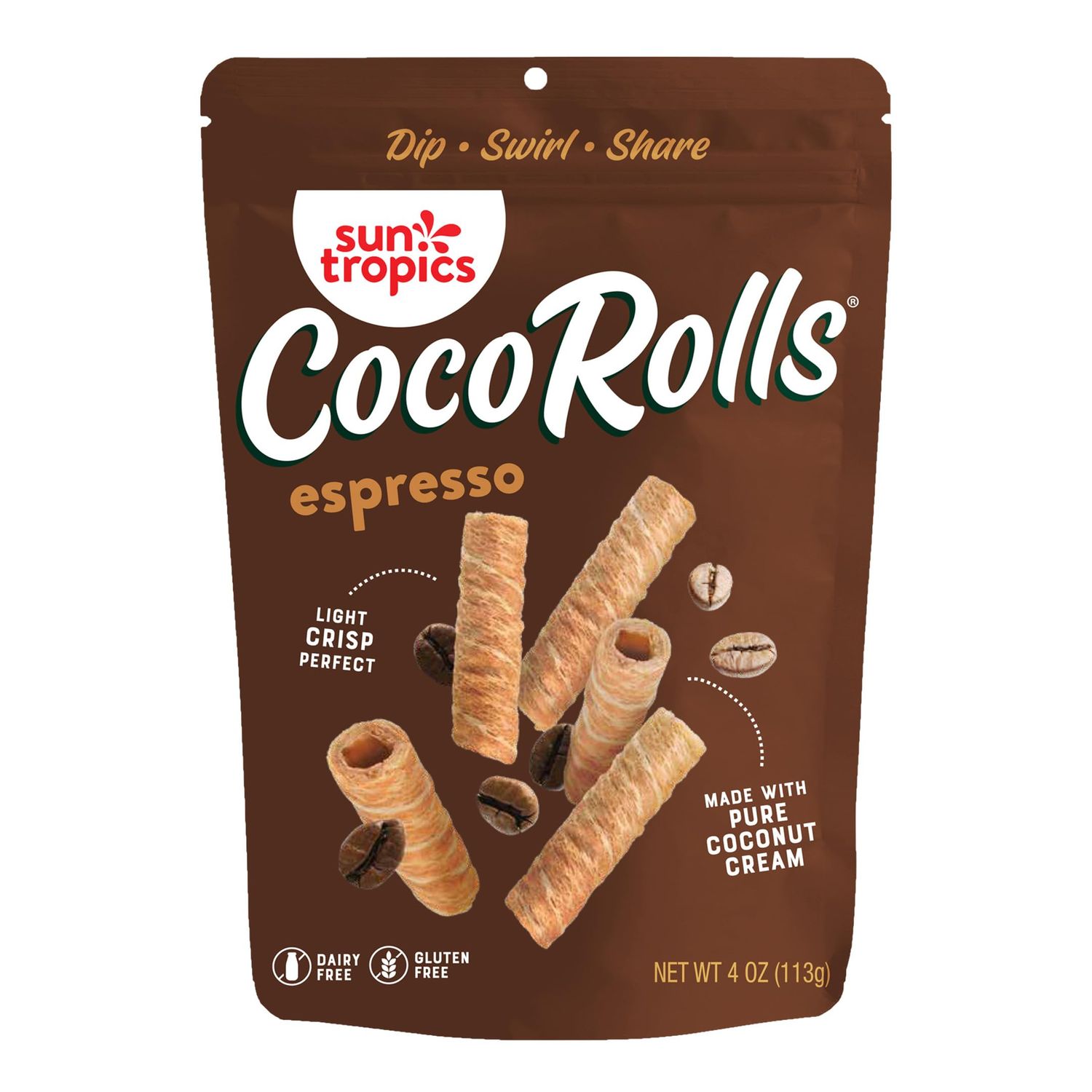 Sun Tropics CocoRolls Espresso Flavor- 6 count 4 oz each Crisp Rolled Wafer Cookies, Coconut Rolls Made With Pure Coconut Cream Gluten Free &amp; Dairy Free Coconut Wafer Snack