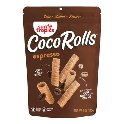 Sun Tropics CocoRolls Espresso Flavor- 6 count 4 oz each Crisp Rolled Wafer Cookies, Coconut Rolls Made With Pure Coconut Cream Gluten Free &amp; Dairy Free Coconut Wafer Snack