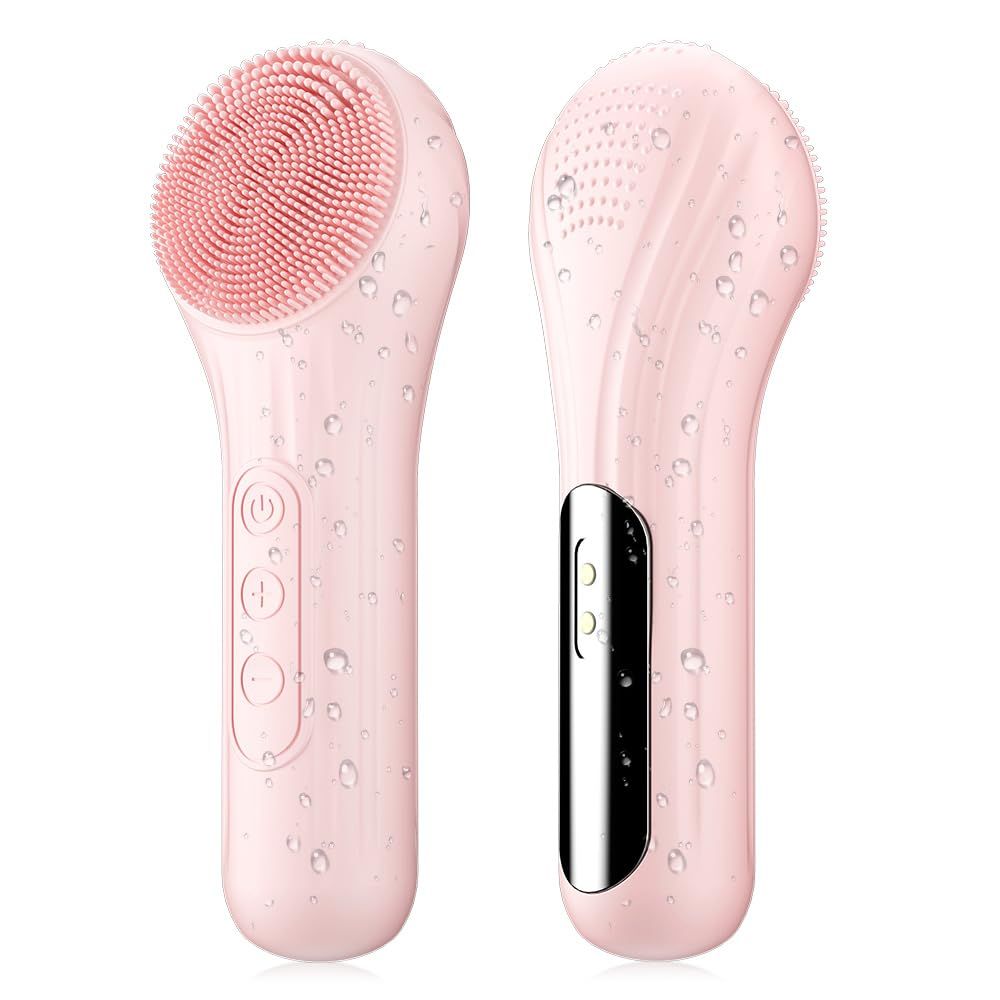 Silicone Face Scrubber, Facial Cleansing Brush with Heating and Vibration, Electric Waterproof Face Wash Brush with 5 Strength Adjustable for Exfoliating, Deep Cleaning, and Face Massaging Pink
