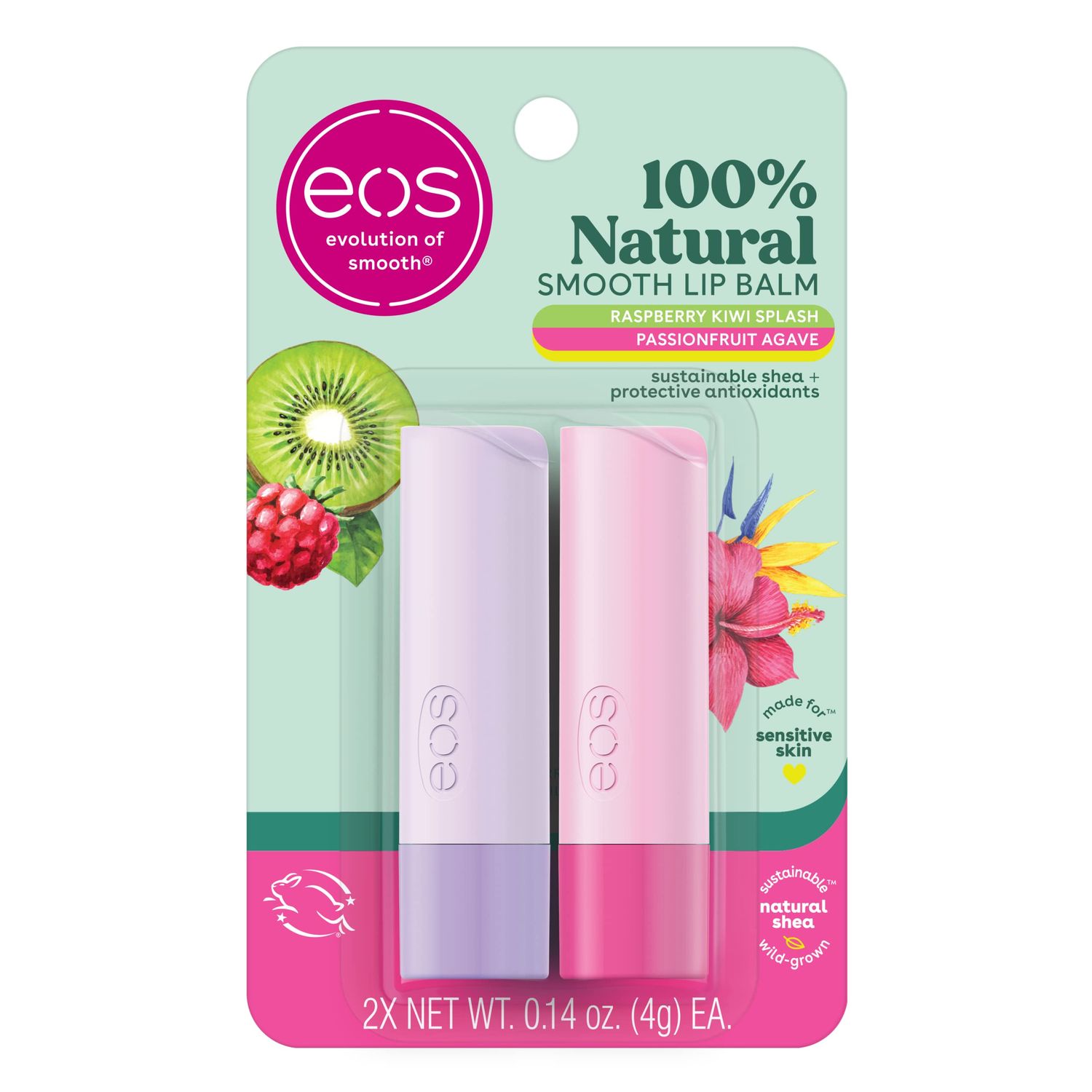 eos 100 Natural Lip Balm, Raspberry Kiwi Splash &amp; Passionfruit Agave, All-Day Moisture, Lip Care Products, 0.14 oz, 2-Pack