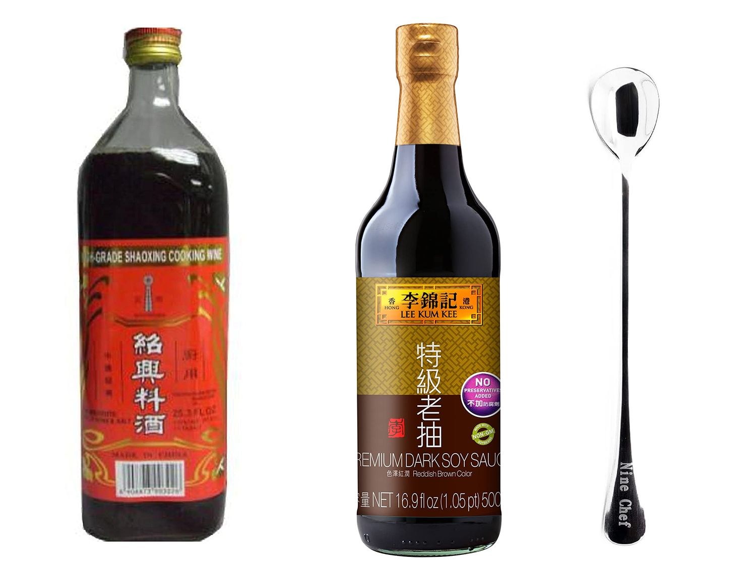 Lee Kum Kee Premium Dark Soy Sauce, 16.9-Ounce Shaohsing Rice Cooking Wine 750ml One NineChef Spoon