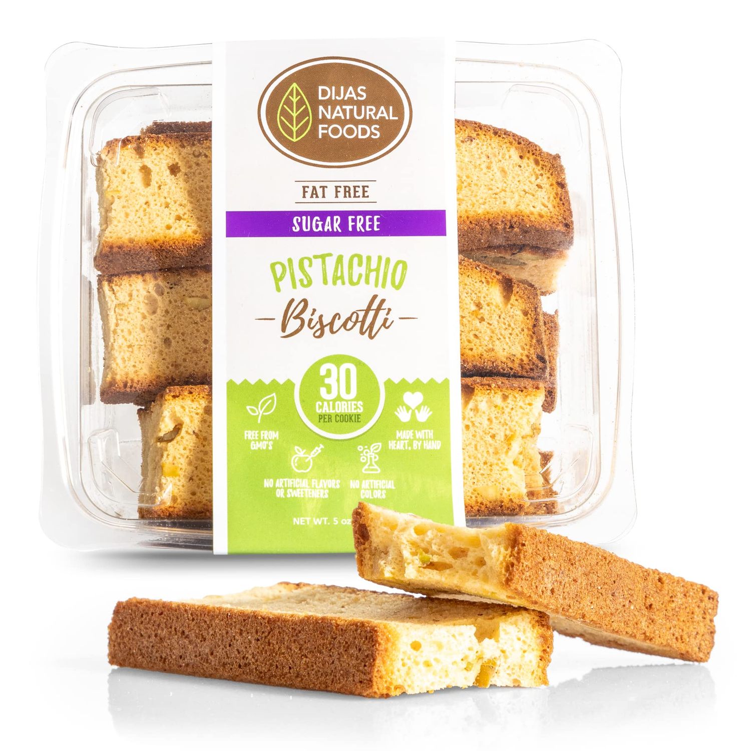 DIJAS Natural Foods, Crunchy Sugar-Free Biscotti Cookie, Natural, Fat Free, Preservative Free Ingredients, Delicious Low Calorie Snack 5 Ounces, Pistachio