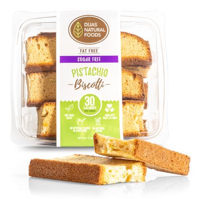 DIJAS Natural Foods, Crunchy Sugar-Free Biscotti Cookie, Natural, Fat Free, Preservative Free Ingredients, Delicious Low Calorie Snack 5 Ounces, Pistachio