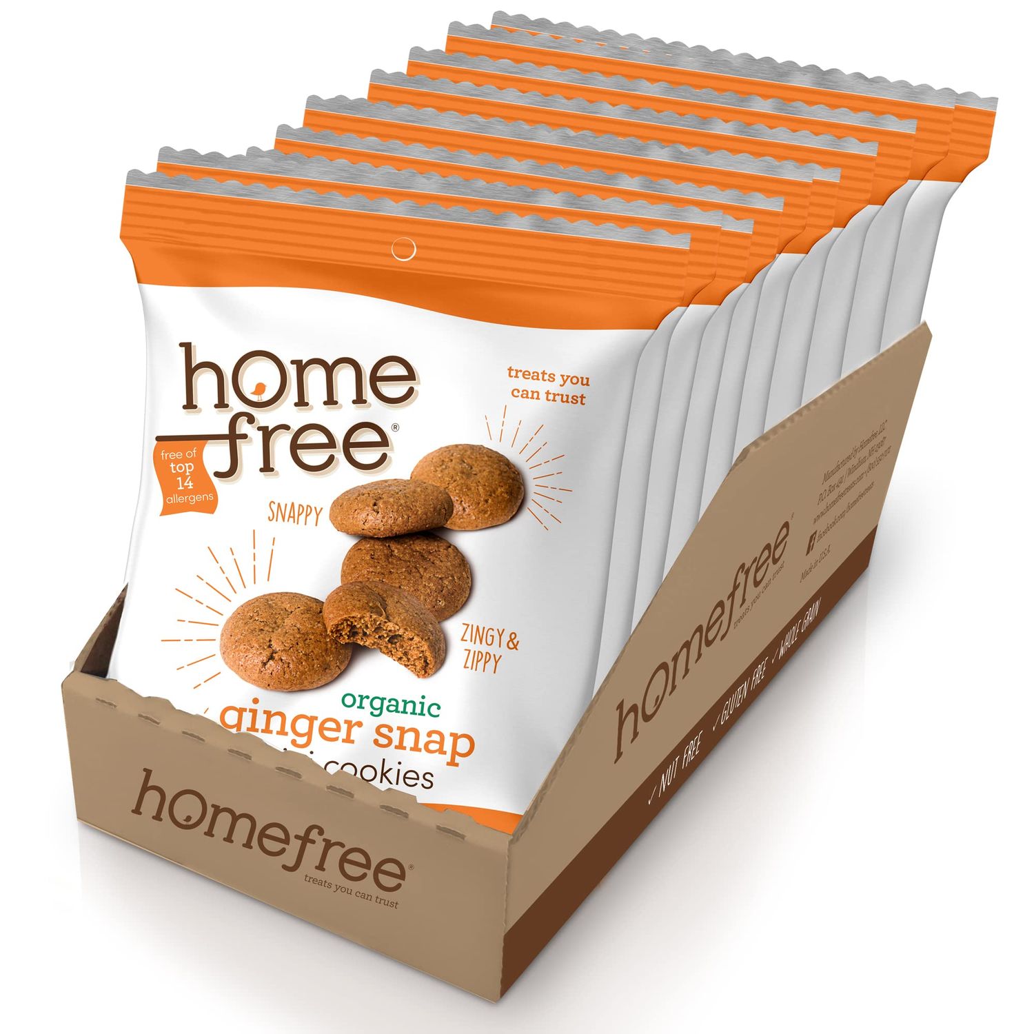 Homefree Mini Ginger Snap Cookies, Organic, Gluten Free, Nut Free, Vegan, Individually Wrapped Packs, School Safe and Allergy Friendly Snack, 0.95 oz. Pack of 10