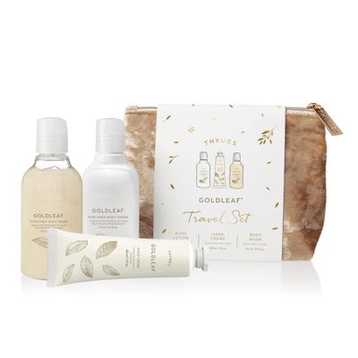 Thymes Perfumed Travel Set and Beauty Bag - Contains Body Wash, Body Lotion &amp; Hand Cream - Goldleaf