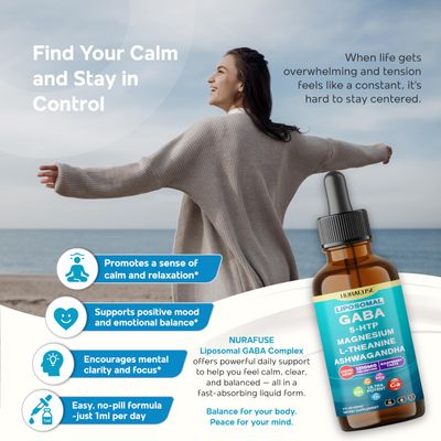 NURAFUSE Liposomal GABA, 5-HTP, Magnesium, Theanine, Ashwagandha Liquid Drops - Ultra Potent, Raspberry Taste, USA Made &amp; Lab Tested - 2 FL OZ 60ml