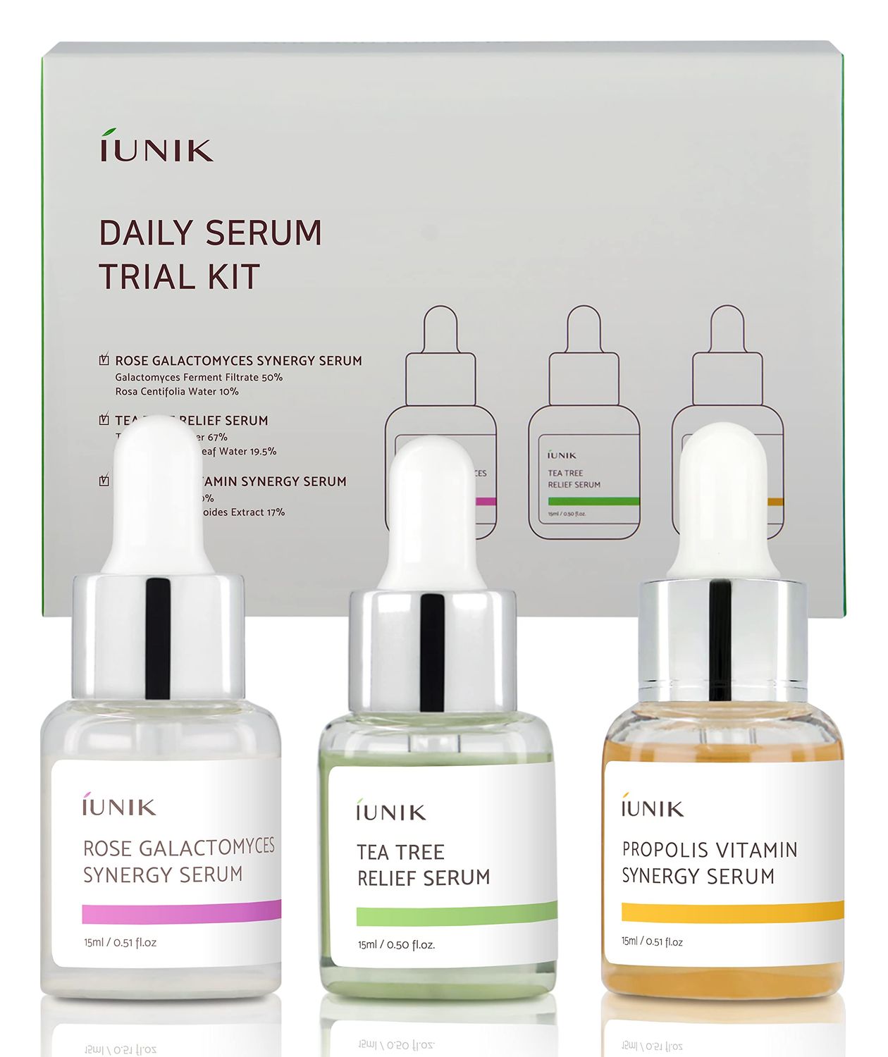 iUNIK Daily Serum Trial Kit 3x 0.51 fl.oz. - Rose Galactomyces Synergy Serum, Tea Tree Relief Serum,Propolis Vitamin Synergy Serum, Great for Gifts, Trial, and Portability