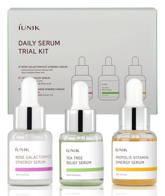 iUNIK Daily Serum Trial Kit 3x 0.51 fl.oz. - Rose Galactomyces Synergy Serum, Tea Tree Relief Serum,Propolis Vitamin Synergy Serum, Great for Gifts, Trial, and Portability