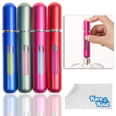 Kare & Kind 4x Mini Perfume Atomizer Bottles - Refillable Pump Spray Cases - Stainless Outer Shell with Transparent Glass Vial - For Perfumes, Body Sprays, Facial Mists, Oils - GreenBluePinkRed