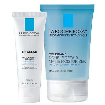 La Roche-Posay Acne Skin Care Set, Toleriane Double Repair Matte Moisturizer 75ml &amp; Effaclar Medicated Gel Cleasner 100ml, Gel Moisturizer with Niacinamide &amp; Acne Cleasner with Salicylic Acid