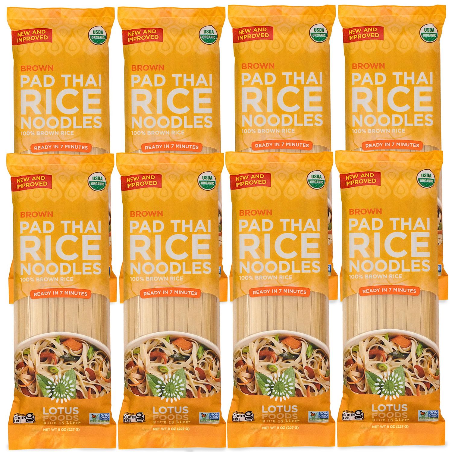 Lotus Foods Organic Brown Rice Pad Thai Rice Noodles - Gluten Free Pad Thai, Heirloom Rice Noodles, Authentic Asian Noodles, Rice Noodles Thailand, USDA Organic, Non GMO - 8 Oz Pack of 8