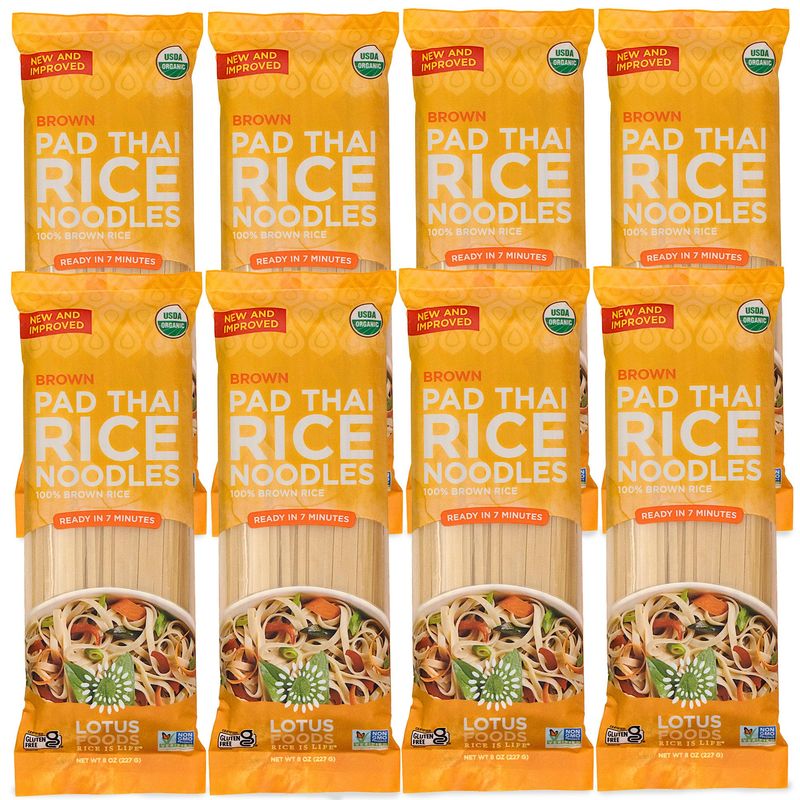 Lotus Foods Organic Brown Rice Pad Thai Rice Noodles - Gluten Free Pad Thai, Heirloom Rice Noodles, Authentic Asian Noodles, Rice Noodles Thailand, USDA Organic, Non GMO - 8 Oz Pack of 8